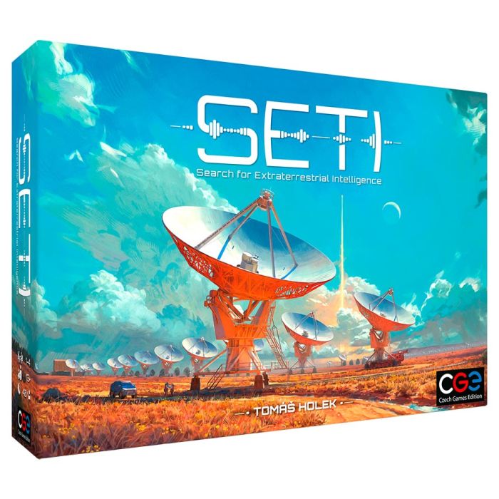 SETI: Search for Extraterrestrial Intelligence - Board game box with large satellite dishes under a bright blue sky, titled "SETI Search for Extraterrestrial Intelligence".