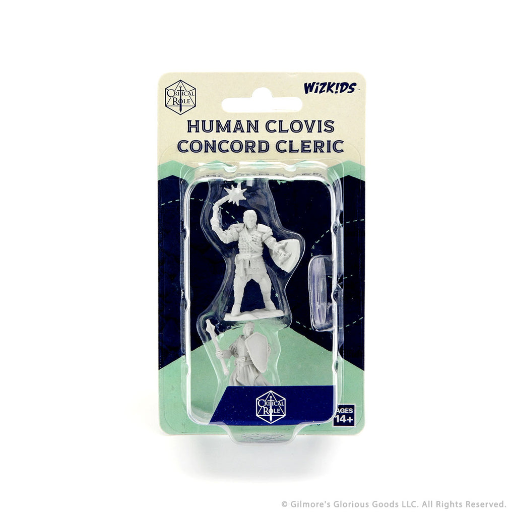 Critical Role Mini: Human Clovis Cleric Male - Human Clovis Concord Cleric miniature figure in white plastic, holding mace and shield, on display card packaging.