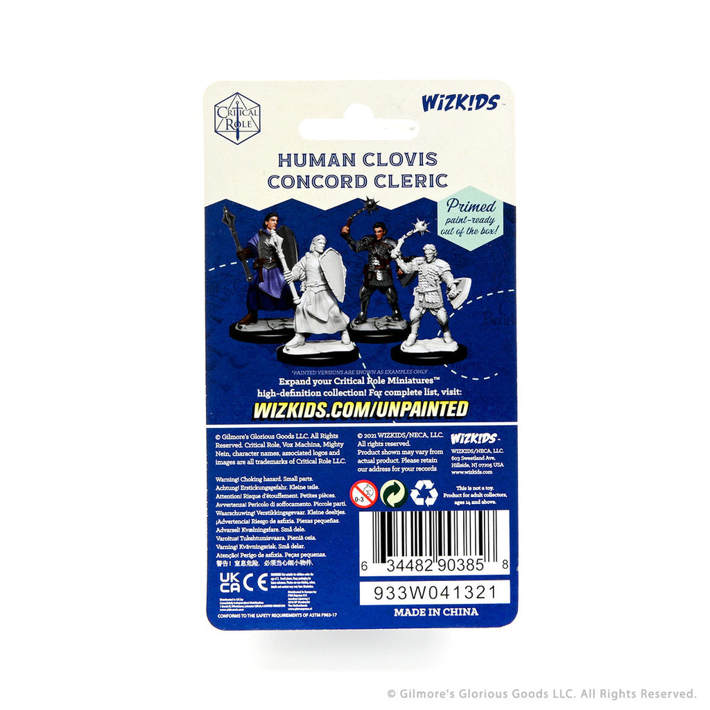 Critical Role Mini: Human Clovis Cleric Male - Set of three unpainted Human Clovis Concord Cleric miniatures in various poses on round black bases with detailed fantasy.