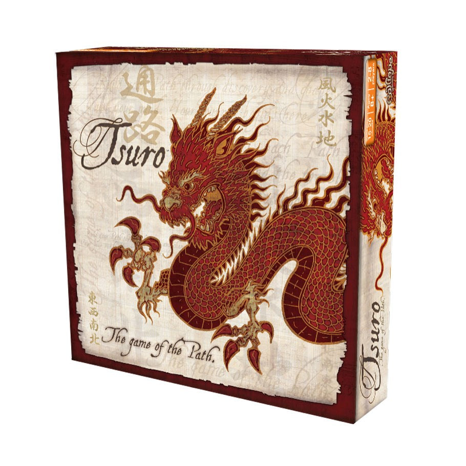 Tsuro: The Game of the Path - Tsuro board game box featuring a red dragon illustration on a parchment-style background.