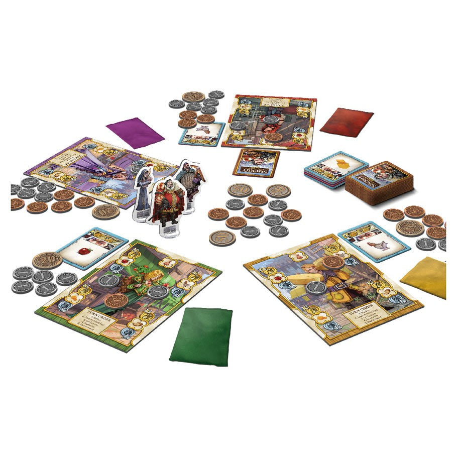 Sheriff of Nottingham 2nd Edition - Sheriff of Nottingham board game with colorful boards, character standees, coins, cards, and fabric pouches on white.