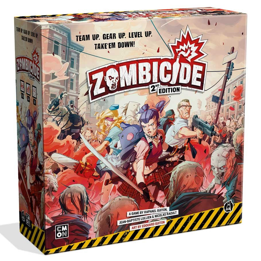 Zombicide 2E - Zombicide 2nd Edition board game box with colorful zombie apocalypse artwork and survivor characters wielding weapons.