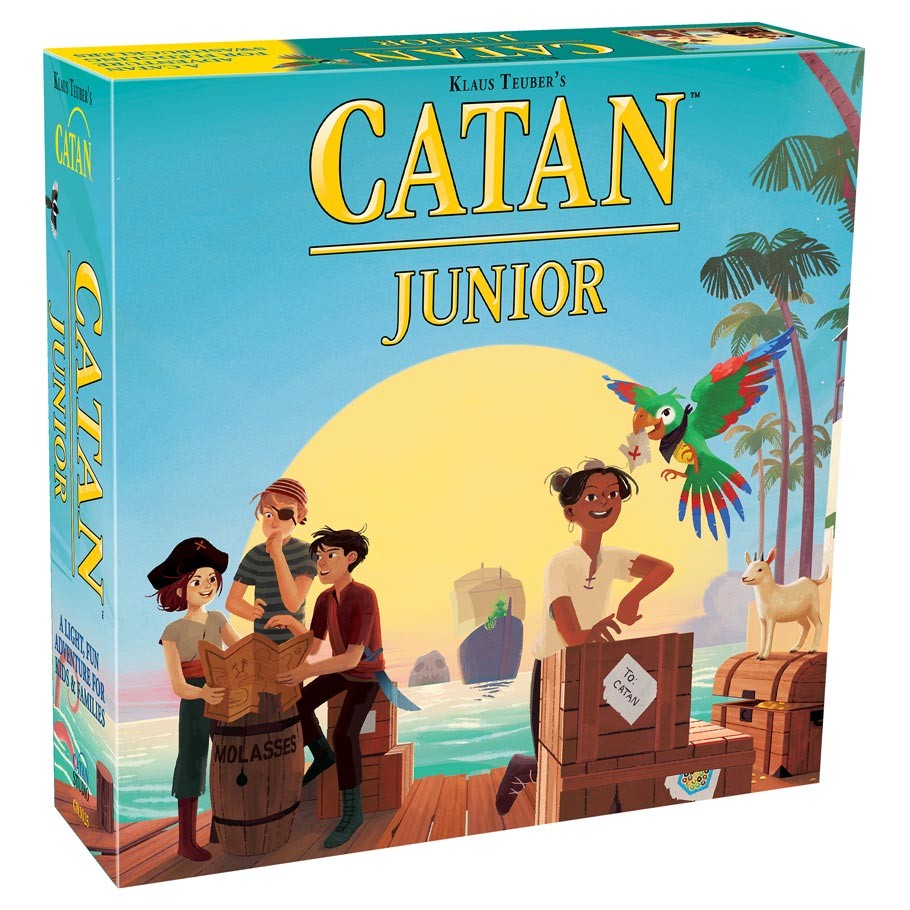 Catan Junior - Catan Junior board game box with tropical island artwork and characters by the sea at sunset.