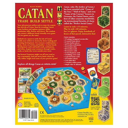 Catan - Catan board game box back with colorful island hex tiles and game components displayed.