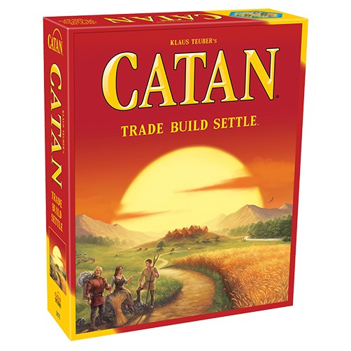 Catan - Catan board game box with sunset background and settlers walking on a winding path.