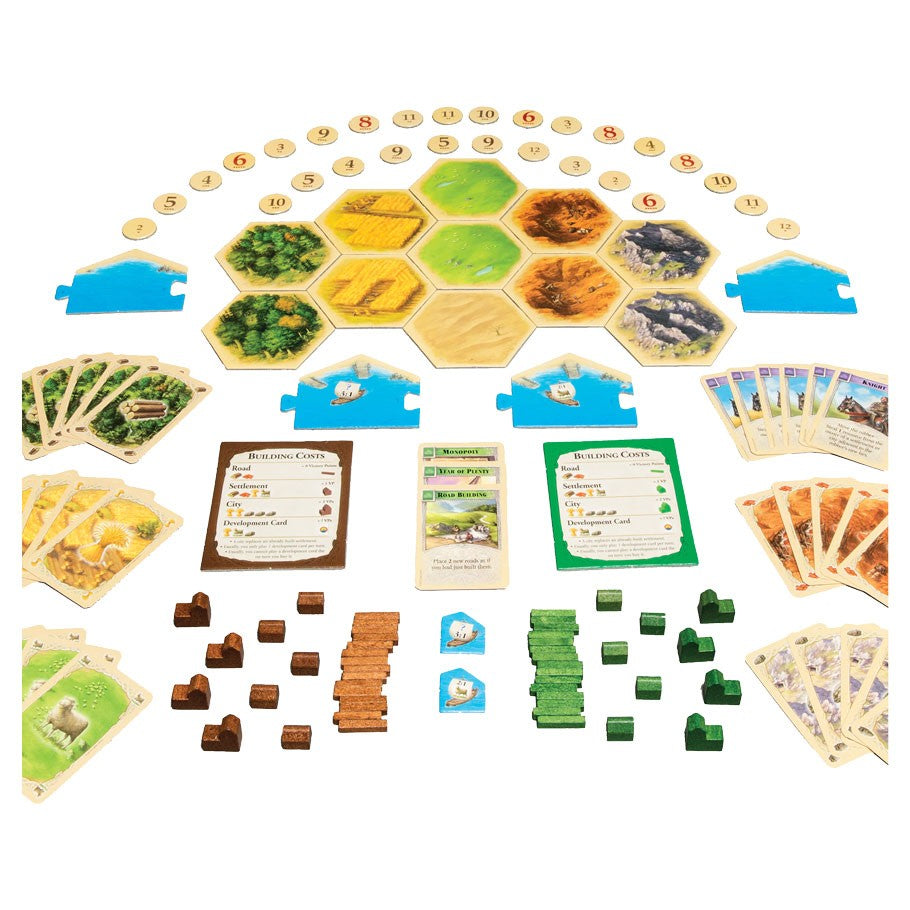Catan Extention: 5-6 Player - Catan 5-6 player extension board game pieces with hex tiles, cards, resource tokens, and player markers arranged on white.