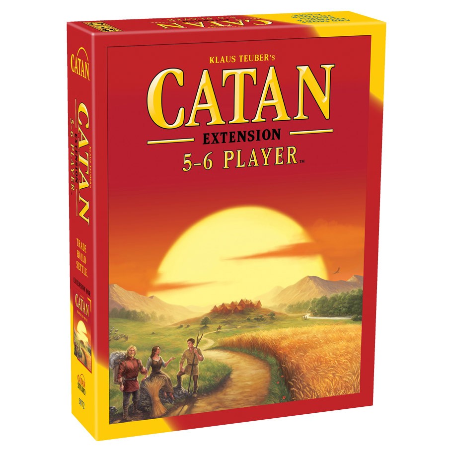 Catan Extention: 5-6 Player - Catan Extension 5-6 Player box with red and yellow design featuring sunset landscape and travelers on a path.