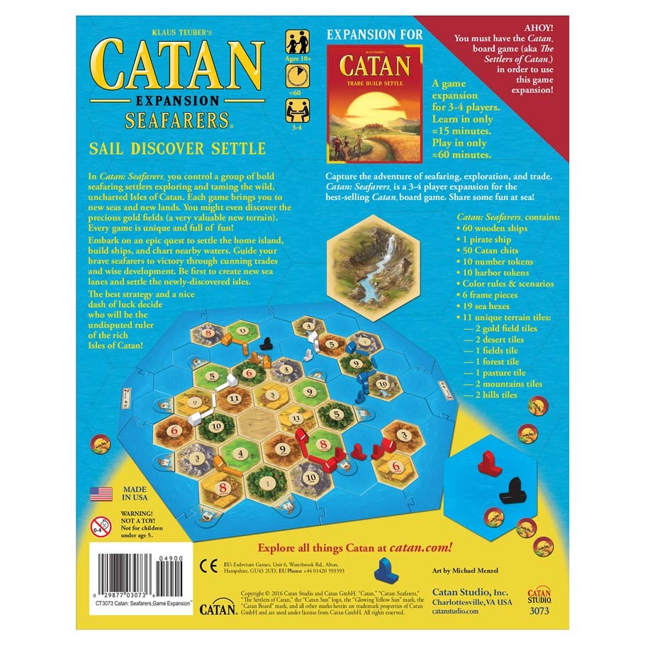 Catan Expansion: Seafarers - Seafarers with hex tile illustration and plastic red and blue game pieces.