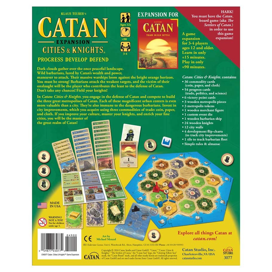 Catan Expansion: Cities & Knights - Catan Expansion Cities & Knights box with hexagonal game board, colorful tiles, cards, and wooden game pieces displayed on.