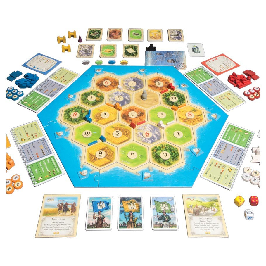 Catan Expansion: Cities & Knights - Catan board game with hexagonal terrain tiles, resource cards, player pieces, development cards, and expansion tokens.