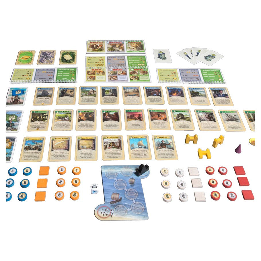 Catan Expansion: Cities & Knights - Catan Cities & Knights expansion board game components including detailed cards, hex tiles, colorful wooden pieces, and.