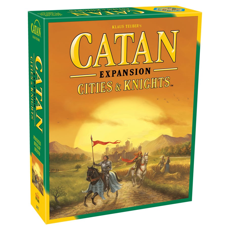 Catan Expansion: Cities & Knights - Catan Expansion Cities & Knights board game box with medieval knights and sunset background.