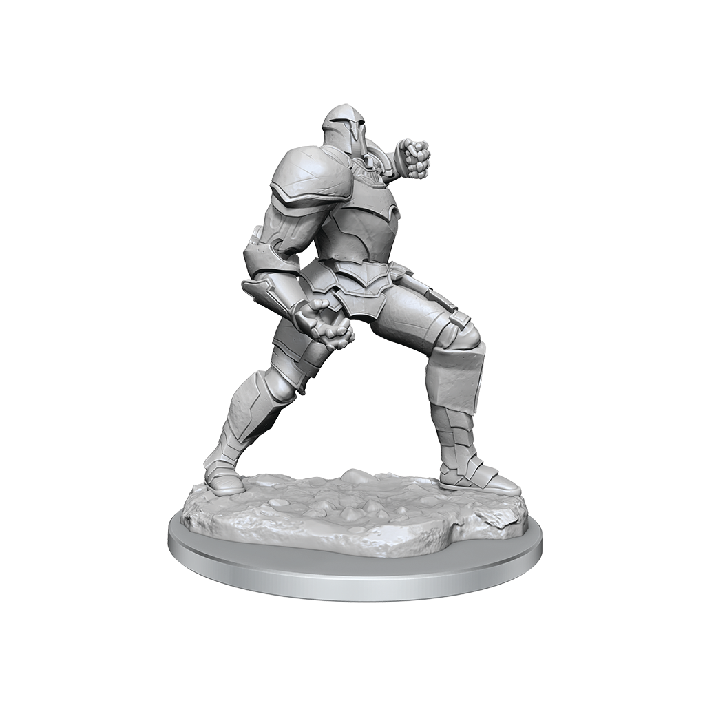 Critical Role Mini: Platinum Golem - Silver armored golem mini figurine in dynamic pose on textured round base.