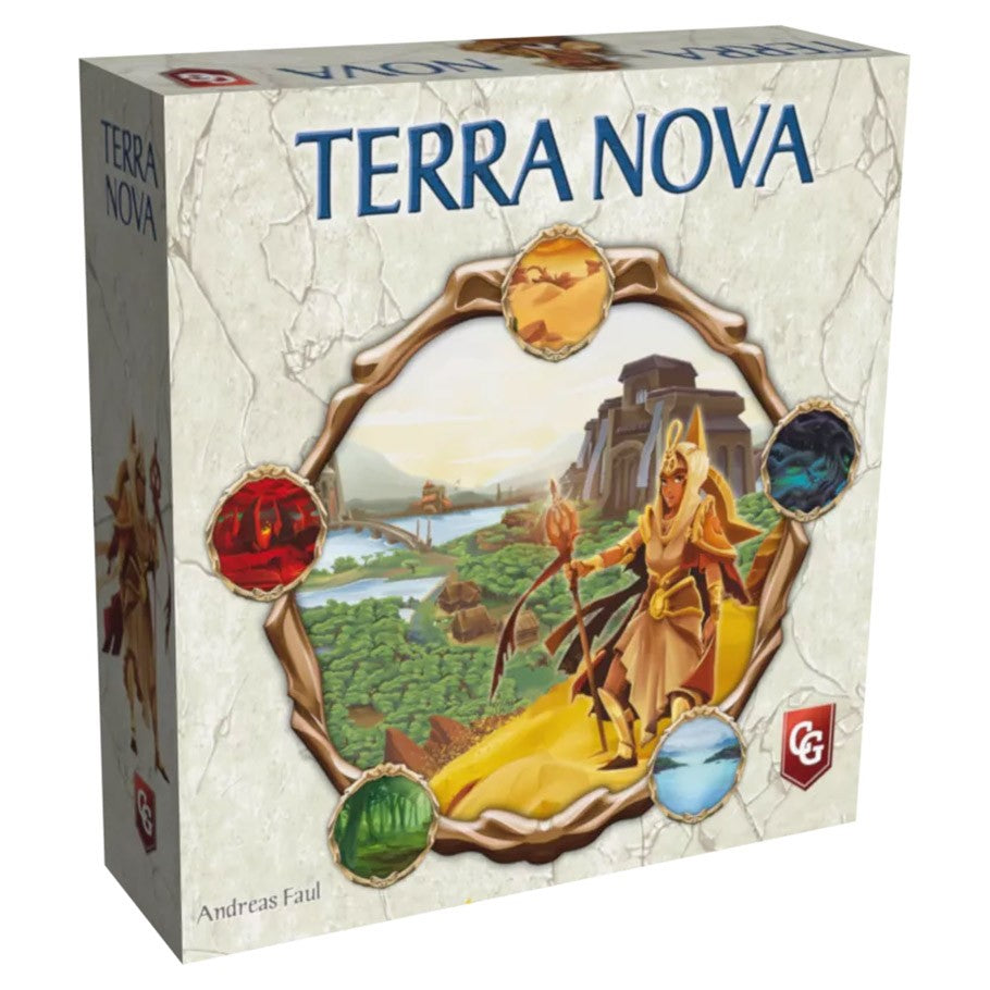 Terra Nova - Terra Nova board game box with explorer, landscapes, and colored resource icons on beige background.