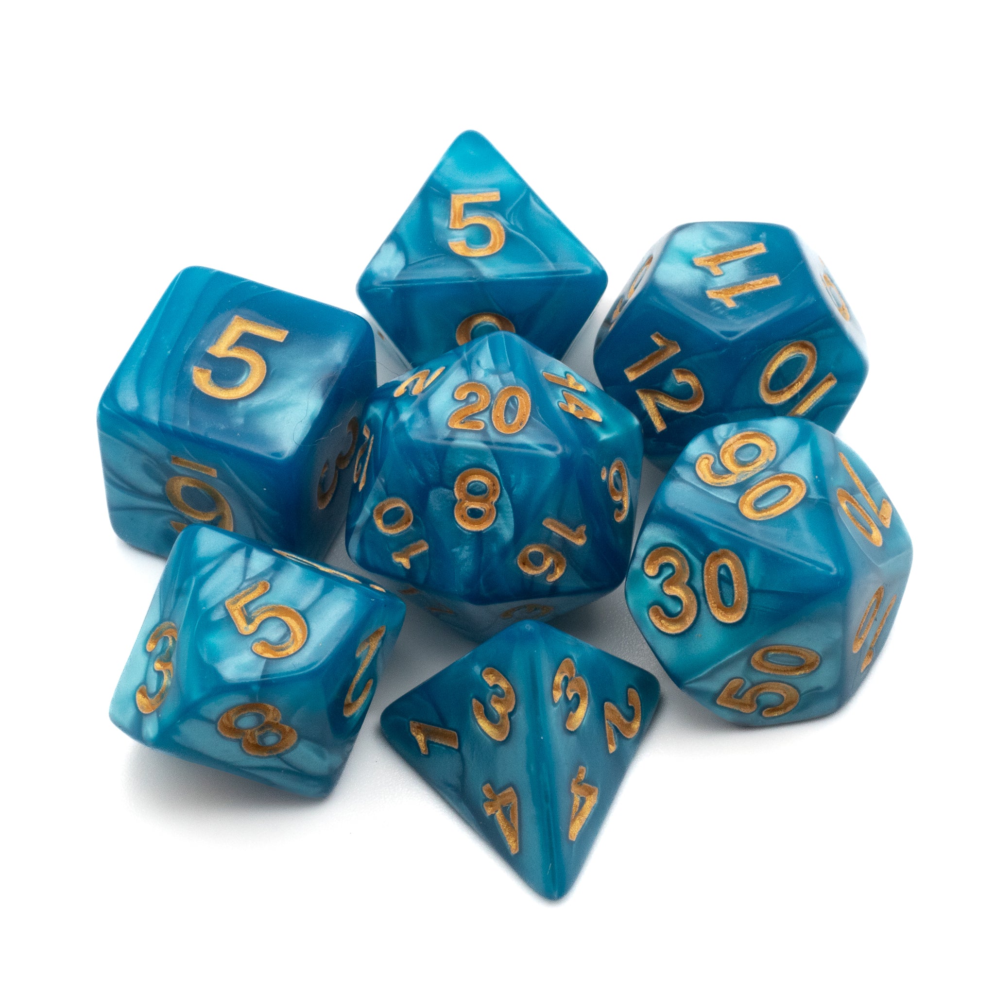 Cyan Marbled Dice Set - Set of seven cyan marbled acrylic dice with gold numbering including d20, d12, d10, d8, d6, and d4.