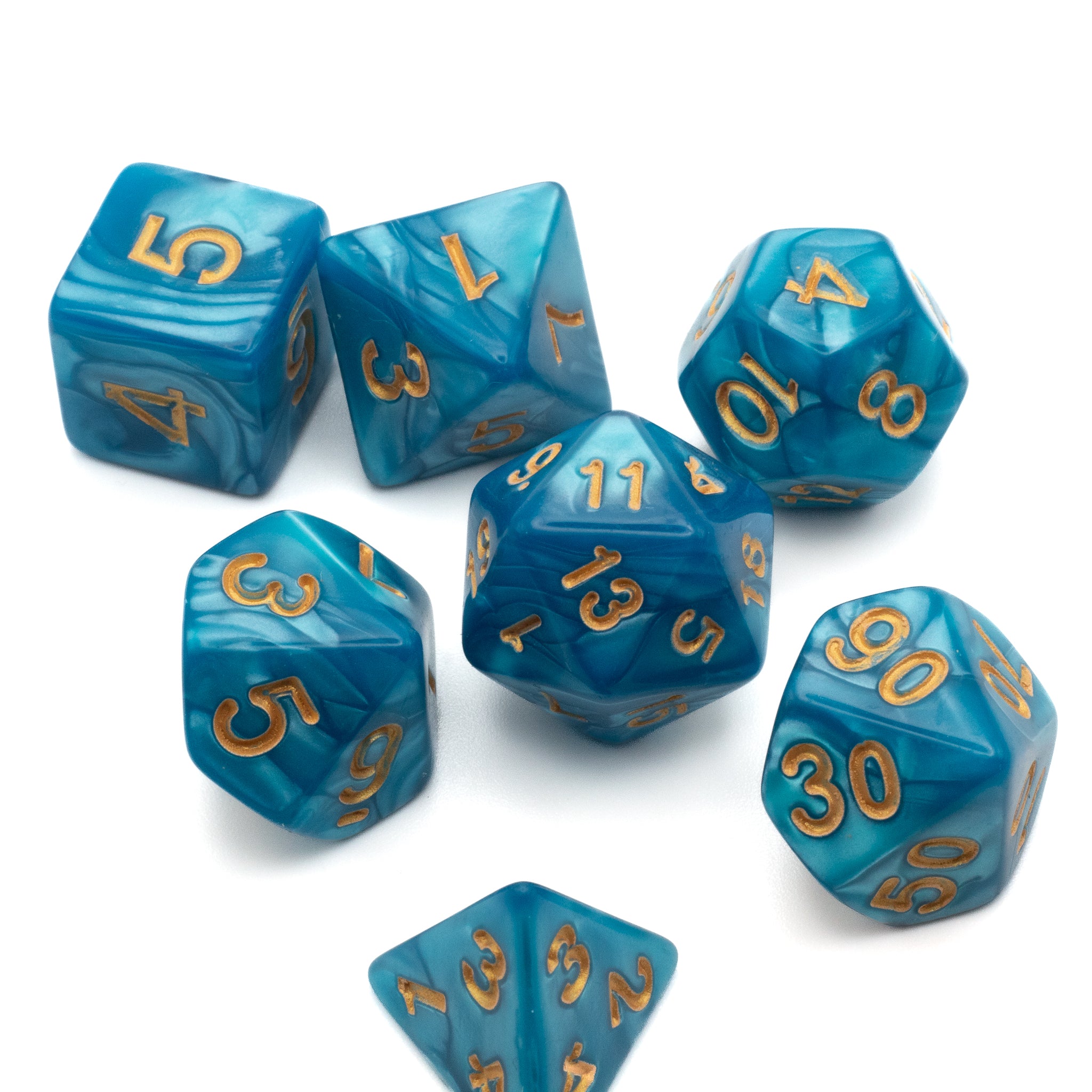 Cyan Marbled Dice Set - Set of seven cyan marbled acrylic dice with gold numbering, including d4, d6, d8, d10, d12, d20, and percentile dice.