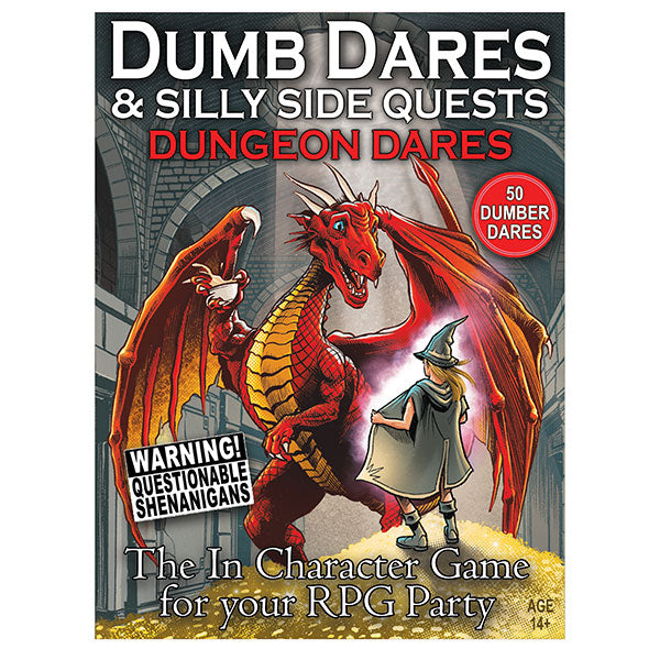 Dumb Dares and Silly Side Quests: Dungeon Dares Pack - Dungeons & Dragons themed card pack with bold title, fiery red dragon, wizard, and castle background.