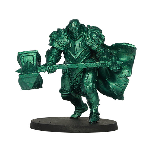 Vallejo True Metallic Metal Airbrush: Dusken Green (18ml) - Metallic green armored warrior miniature holding a large hammer and shield on a black oval base.
