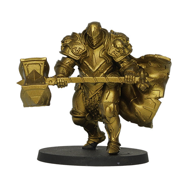 Vallejo True Metallic Metal Airbrush: Greenish Gold (18ml) - Metallic greenish gold painted miniature knight figure holding a large hammer and shield on a round black base.