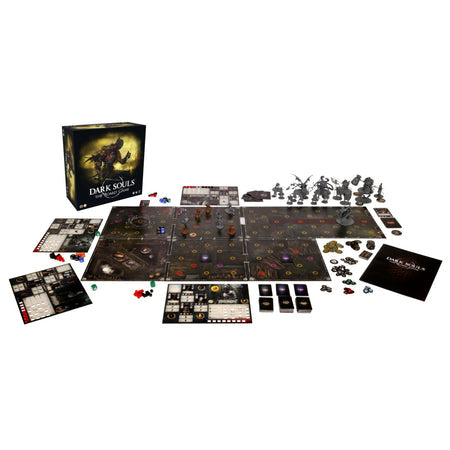 Dark Souls: The Board Game - Dark Souls board game with a dark fantasy-themed game board, detailed gray miniature figures, colorful tokens, cards, and a.