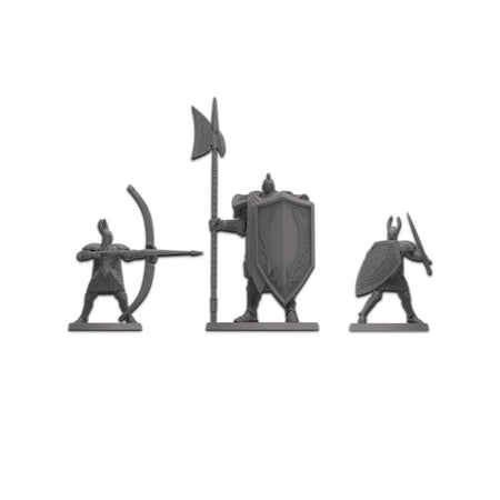 Dark Souls: The Board Game - Archer aiming, armored knight with axe and shield, and swordfighter with shield and sword.