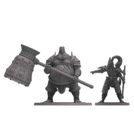 Dark Souls: The Board Game - A large armored warrior with a massive hammer and a slender rogue wielding a curved sword and pistol.