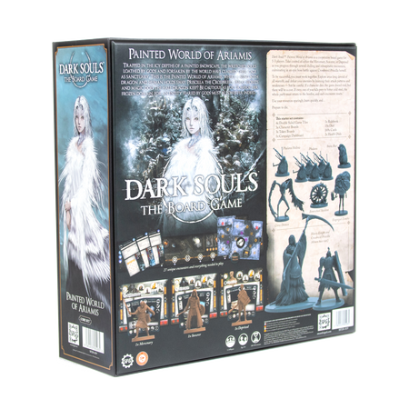 Dark Souls: Painted World of Ariamis - Dark Souls Painted World of Ariamis board game box featuring snowy fantasy artwork and miniature figures on back panel.