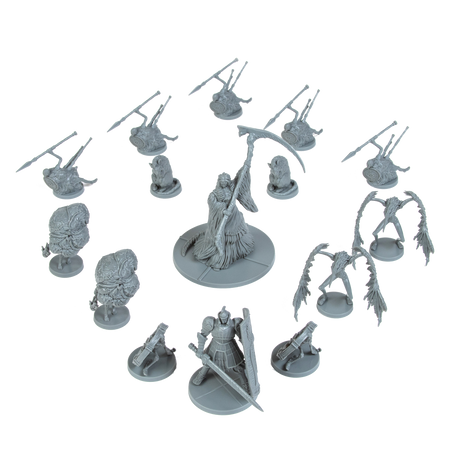 Dark Souls: Painted World of Ariamis - Set of unpainted grey resin miniatures featuring fantasy warrior and creature designs, detailed bases, and dynamic poses.