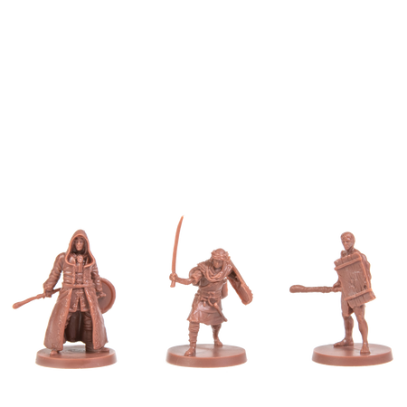 Dark Souls: Painted World of Ariamis - Three detailed tan plastic miniatures depicting armored warriors in dynamic poses, each holding unique weapons and shields.