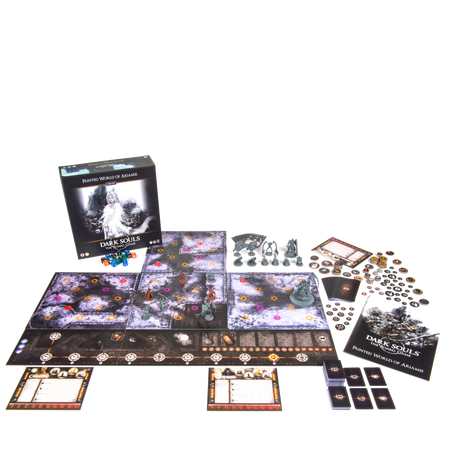 Dark Souls: Painted World of Ariamis - Painted World of Ariamis cooperative board game set with illustrated game board, character cards, dice, and rulebook in dark