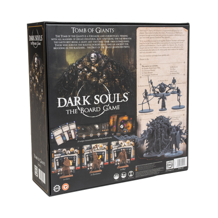 Dark Souls: Tomb of Giants - Tomb of Giants board game expansion box with character and enemy artwork and game component images on black background.