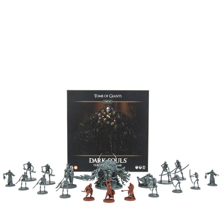 Dark Souls: Tomb of Giants - Tomb of Giants board game with dark fantasy artwork, featuring multiple detailed miniature figures in gray and brown.