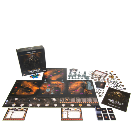 Dark Souls: Tomb of Giants - Tomb of Giants board game with dark-themed game boards, character cards, tokens, and rulebook arranged on a white surface.