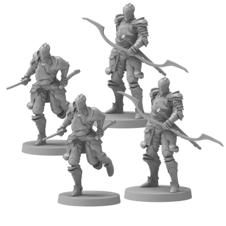 Dark Souls Mini: Alonne Knights - Set of four gray plastic miniature warrior figures in dynamic poses holding polearms, wearing detailed armor with layered.