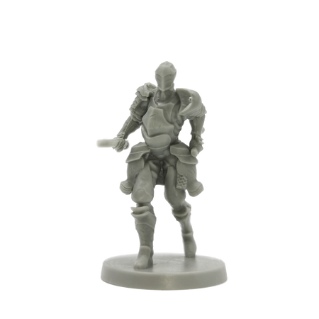 Dark Souls Mini: Alonne Knights - Gray miniature figurine of armored knight with plume helmet and detailed armor standing on round base.