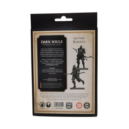 Dark Souls Mini: Alonne Knights - Alonne Knights packaging showing knight figurine illustrations and product details on black backing.
