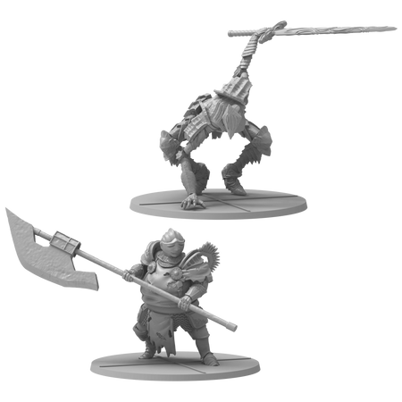 Dark Souls Mini: Dread Knights of Renown - Dread Knights of Renown, one wielding a large axe and standing, the other crouching with a long weapon raised overhead.