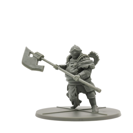 Dark Souls Mini: Dread Knights of Renown - Gray plastic miniature of a heavily armored warrior holding a large battle axe, standing on a round base.