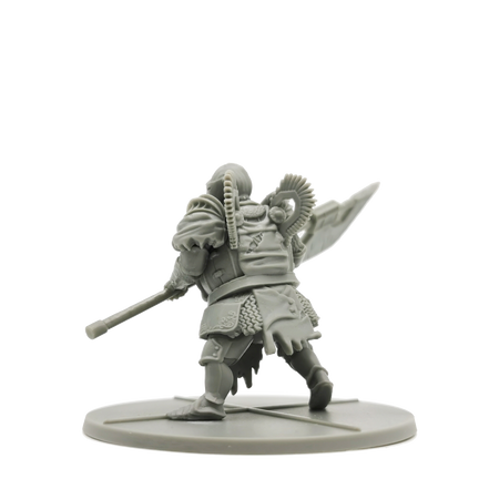 Dark Souls Mini: Dread Knights of Renown - Gray unpainted miniature figure of armored knight wielding a polearm on round base.