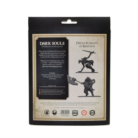 Dark Souls Mini: Dread Knights of Renown - Dark Souls miniatures set packaging showing two black resin knight figures, one wielding a large polearm and the other in a.