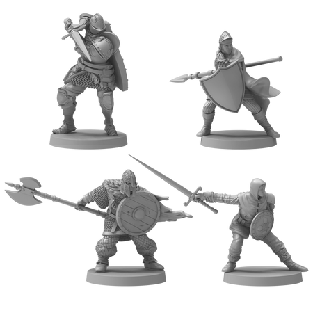 Dark Souls Mini: Unkindled Heroes Pack 1 - Four detailed unpainted resin miniatures of armored warriors with swords, shields, and a spear in dynamic battle poses.