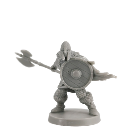 Dark Souls Mini: Unkindled Heroes Pack 1 - Unpainted gray miniature of armored warrior holding round shield and spiked mace, standing on round base.