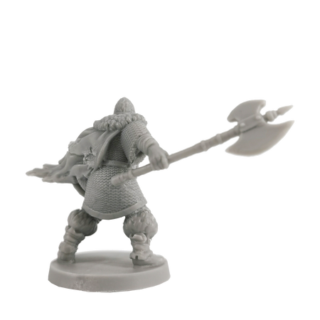 Dark Souls Mini: Unkindled Heroes Pack 1 - Unpainted gray resin miniature of armored warrior wielding large double-headed axe in battle stance on round base.