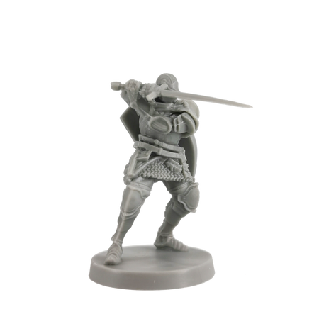 Dark Souls Mini: Unkindled Heroes Pack 1 - Gray unpainted miniature figurine of armored warrior holding a sword in attacking pose on round base.
