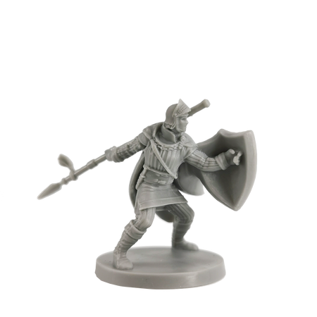 Dark Souls Mini: Unkindled Heroes Pack 1 - Unpainted Dark Souls miniature of armored knight with sword and shield in battle stance.
