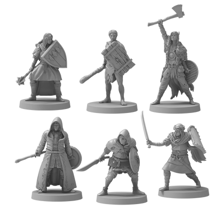 Dark Souls Mini: Unkindled Heroes Pack 2 - Six unpainted Dark Souls miniature figures including armored warriors and a robed mage with various weapons and shields.
