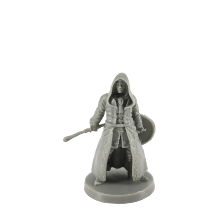 Dark Souls Mini: Unkindled Heroes Pack 2 - Gray resin miniature of a hooded warrior holding a sword and shield, wearing detailed armor and a long coat.