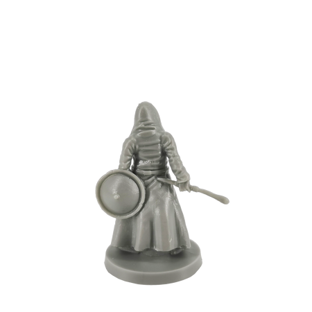 Dark Souls Mini: Unkindled Heroes Pack 2 - Gray plastic miniature figure of a cloaked warrior holding a round shield and sword, standing on a circular base.