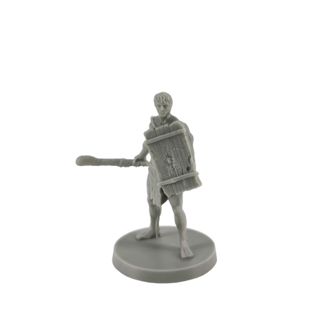 Dark Souls Mini: Unkindled Heroes Pack 2 - Gray plastic miniature of a warrior holding a rectangular shield and a club on a round base.