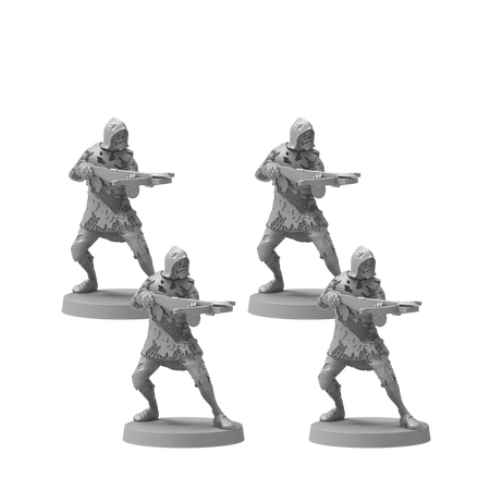 Dark Souls Mini: Hollow Crossbowmen - Set of four unpainted gray plastic miniatures depicting armored hollow crossbowmen in dynamic battle poses.